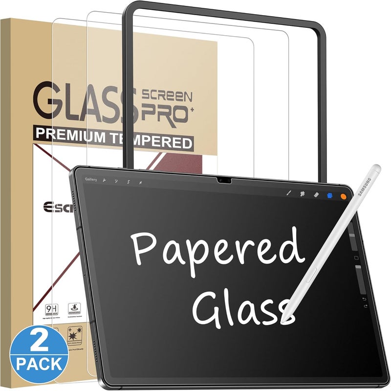 Esanik 2 Pack Like Paper Glass Screen Protector for Samsung Galaxy Tab S10 Plus / S9 Plus / S9 FE Plus (12.4 inch) 9H Tempered Glass Film with Alignment Frame, Writing Like on Paper, Anti Glare - Image 1